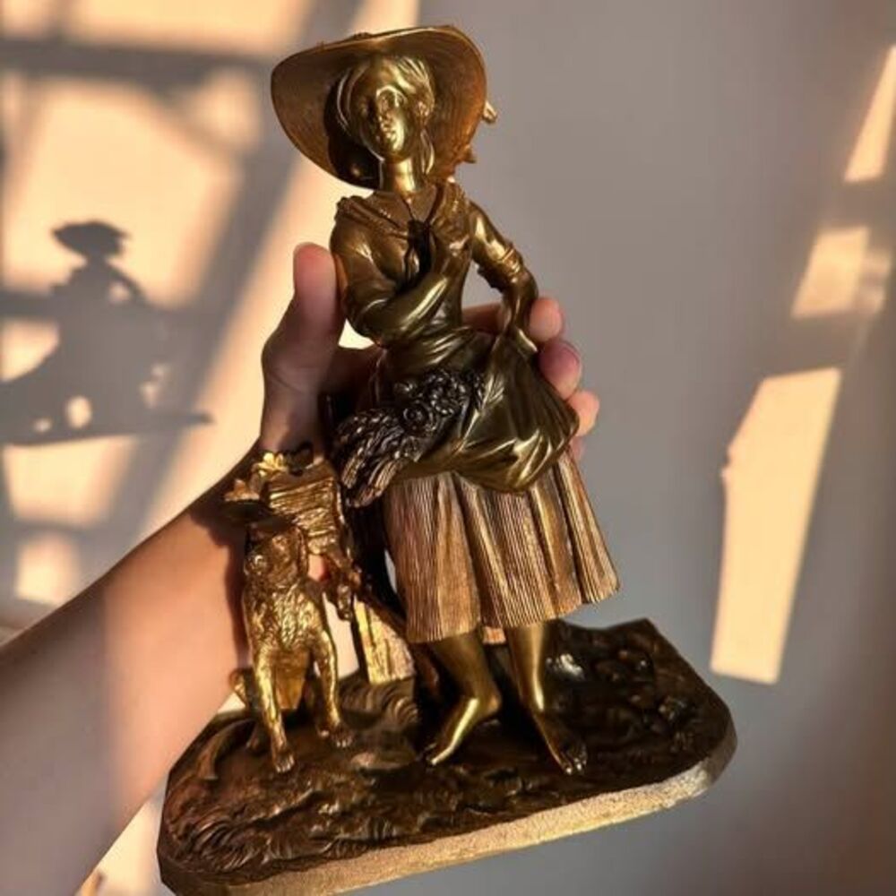 1880s Bronze Sculpture - Harvest Maiden with Dog - French Style Patinated